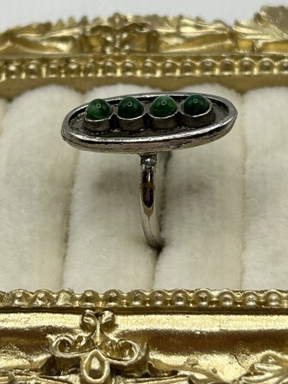 Vintage Silver Tone Green Cabochon Adjustable Ring Size 6 Costume Jewelry Gift - Picture 4 of 11